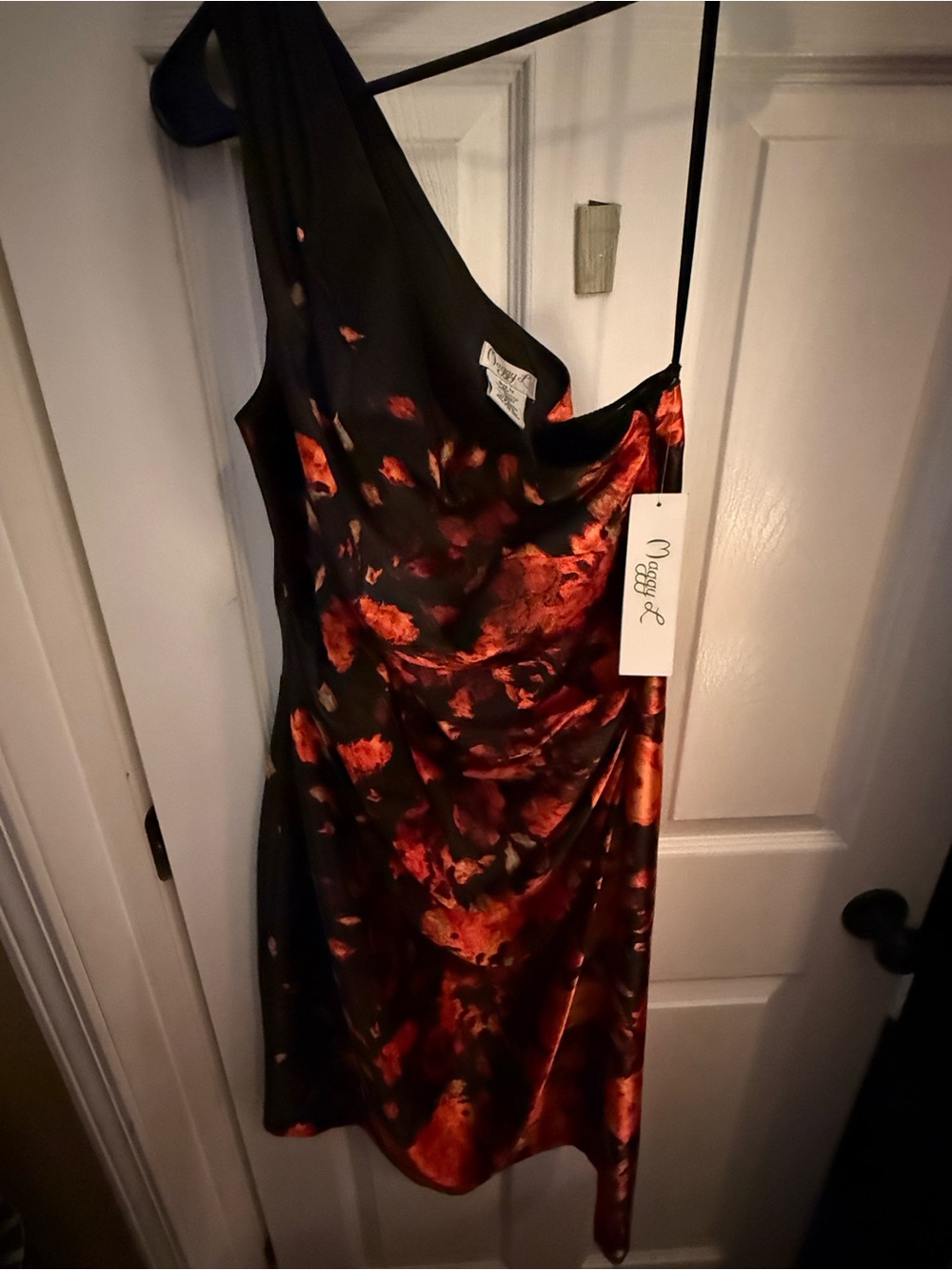 Maggy London Slip Satin Dress in Black and Red Floral- size 12